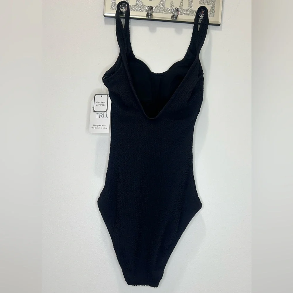 Time and Tru Black One Piece Swimsuit Size S NWT Textured Full Coverage - Picture 4 of 6